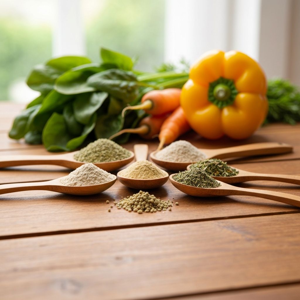 Naturalne suplementy w drewnianych łyżkach z warzywami