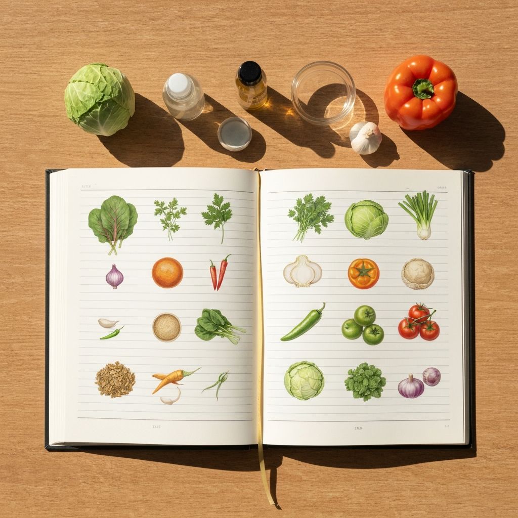 Otwarta książka z warzywami i ziołami wokół