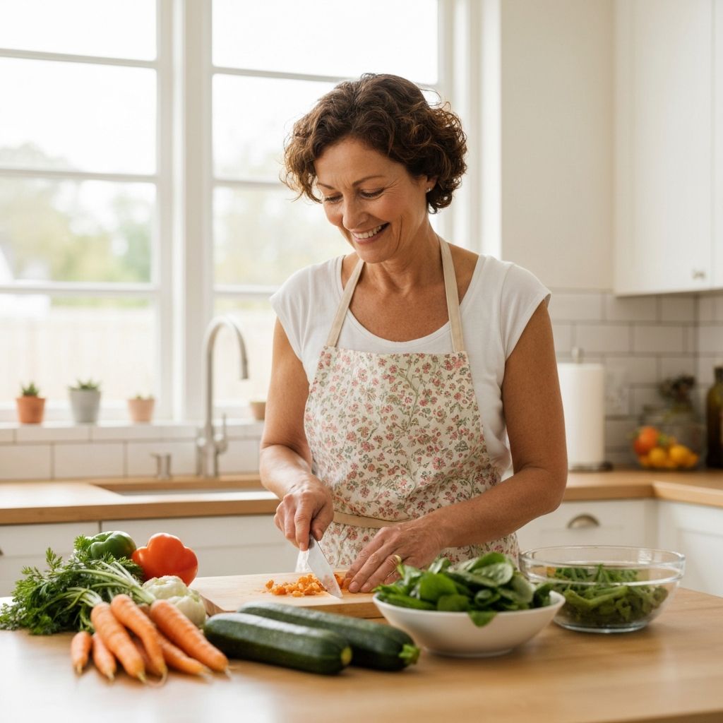 Kobieta przygotowująca zdrowy posiłek w jasnej kuchni