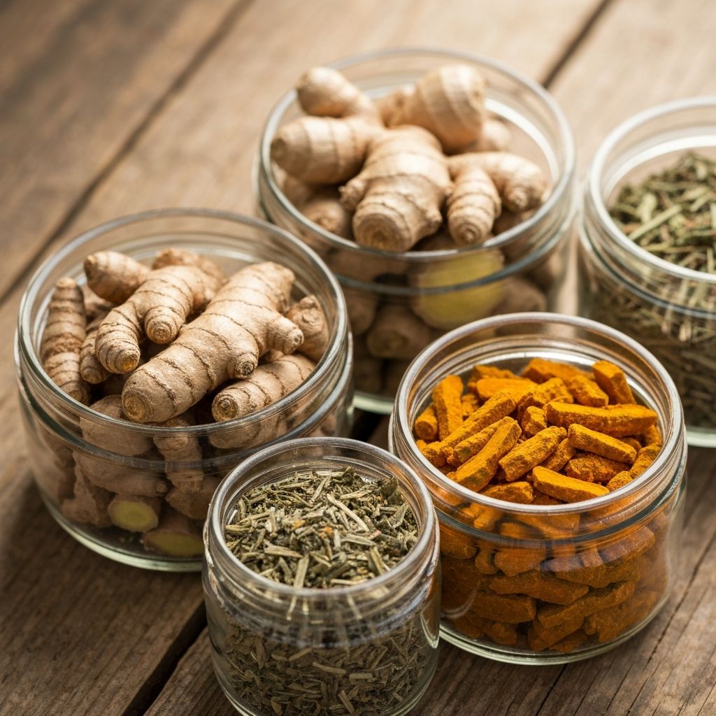 Suszone zioła, korzenie i przyprawy w szklanych słojach